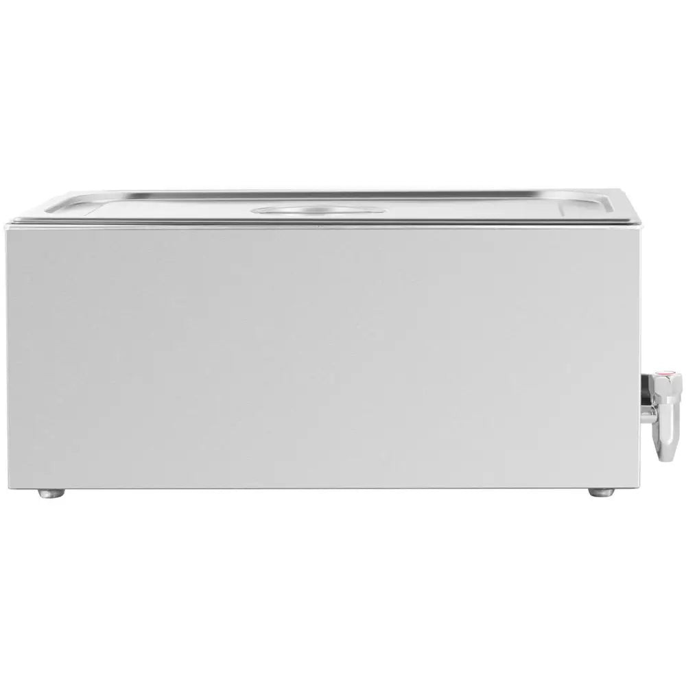 Bain Marie elektrisk varmeenhet i rustfritt stål, sidevisning med tappekran tydelig på høyre side.