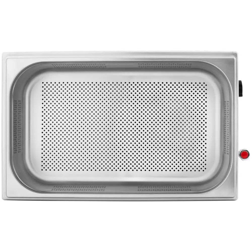 Bain Marie elektrisk varmer, oversiktsbilde som viser perforert rustfri beholder og rød detalj på høyre side.