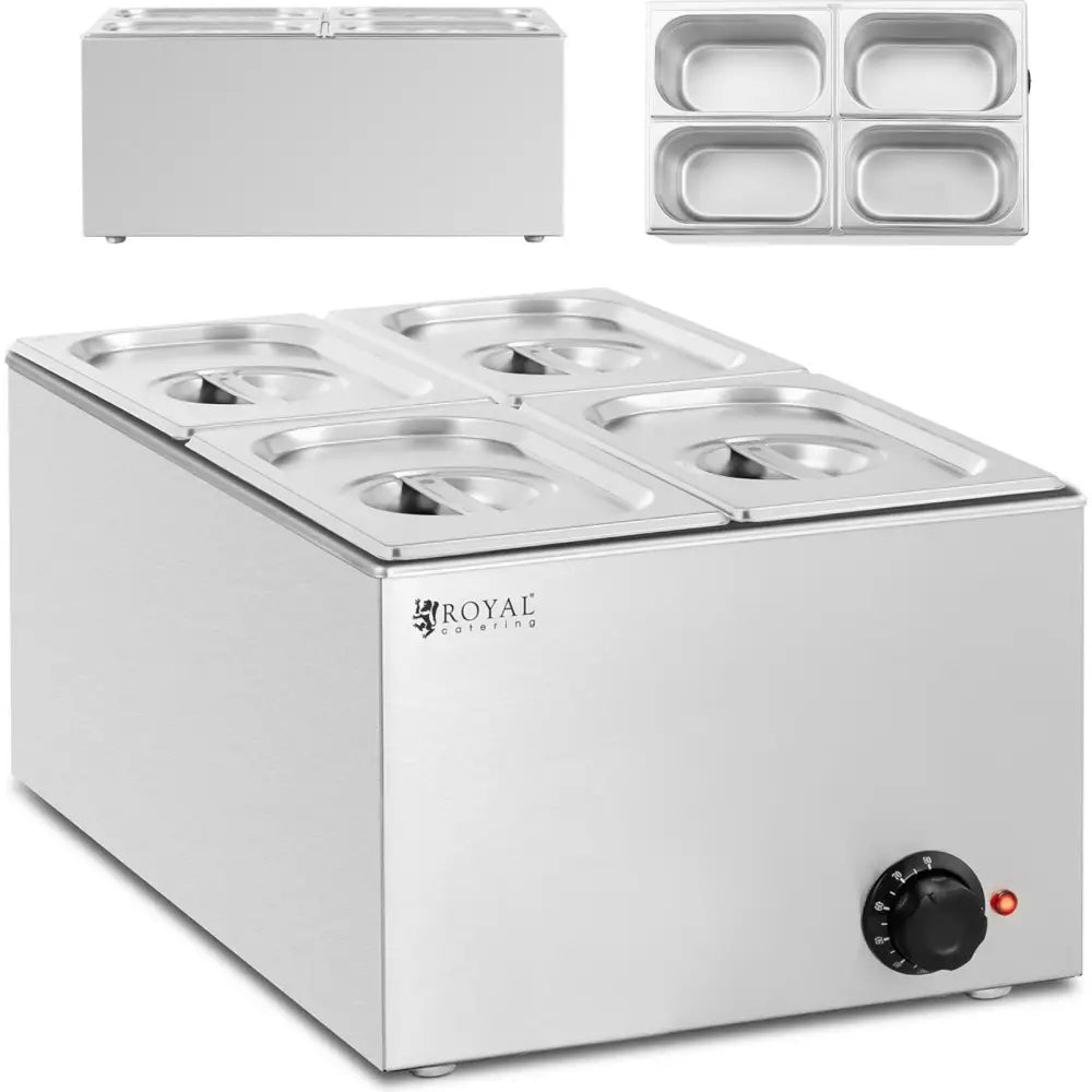 Bain Marie elektrisk varmeskap med fire GN 1/4 beholdere, lokk og temperaturbryter i front.