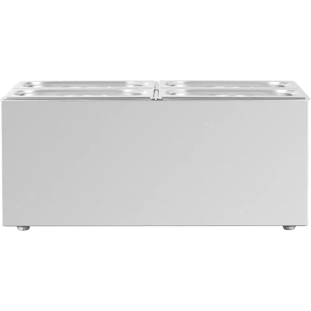 Bain Marie elektrisk varmeskap, frontbilde med fire GN 1/4-lokk og blank rustfri ståloverflate.