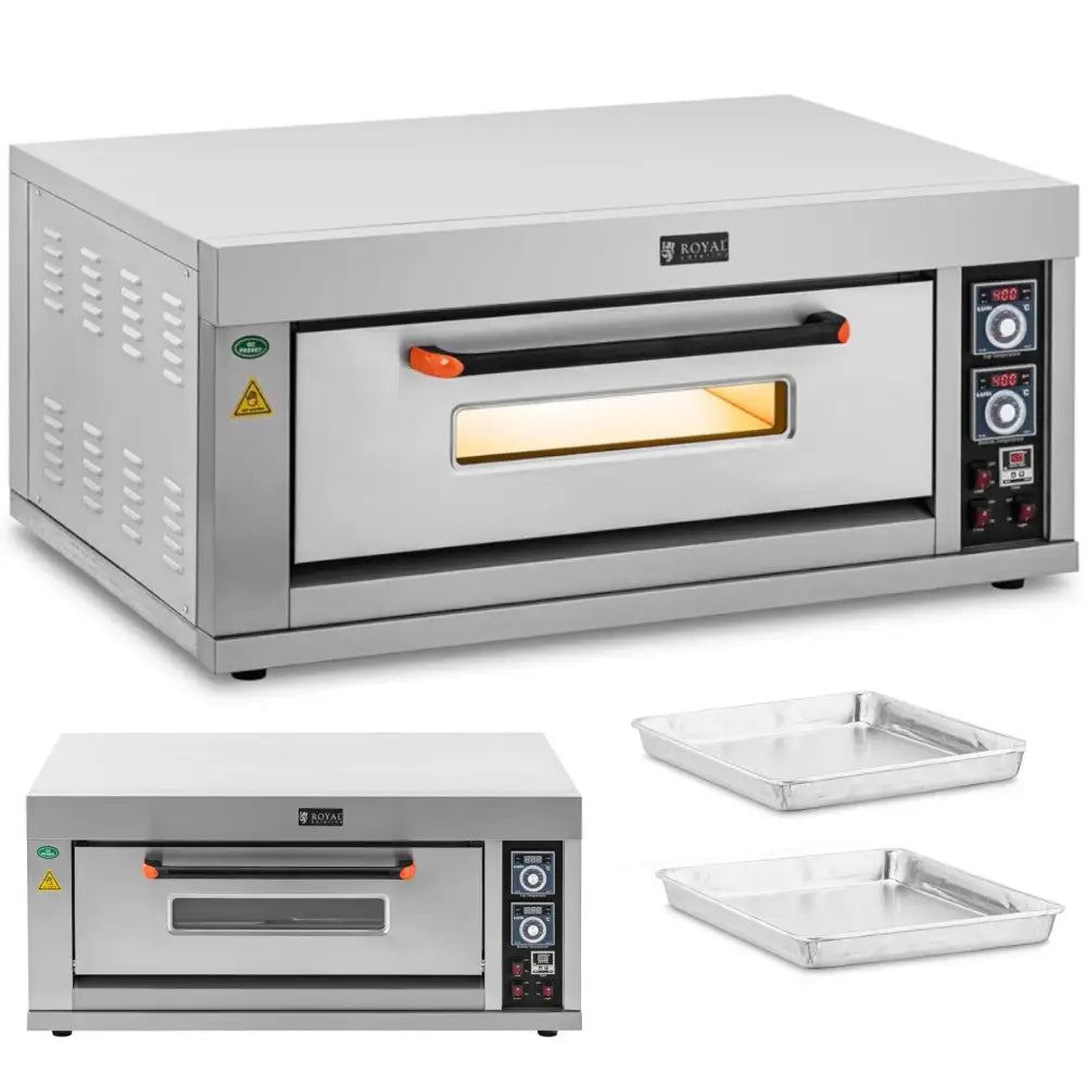 Bakeri og konditori ovn, front- og sidevisning med sort og oransje håndtak, to bakeformer ved siden av.