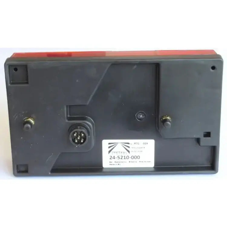 Baklys tilhenger høyre Aspöck Multipoint I, bakside med synlig kontakt, hvit etikett og rød stripe øverst.