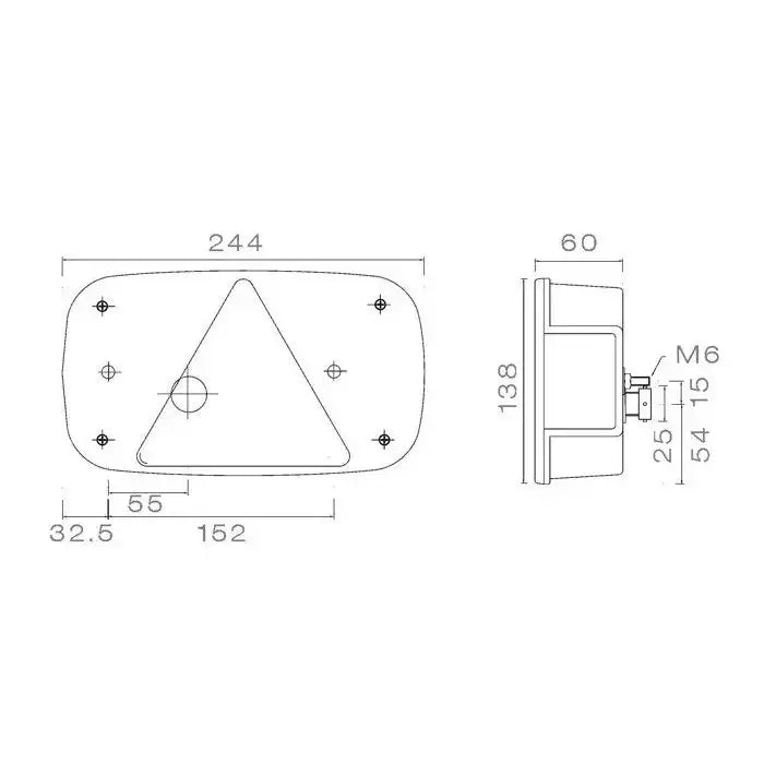 Baklys tilhenger høyre Aspöck Multipoint III, teknisk tegning med mål og festepunkter i millimeter.