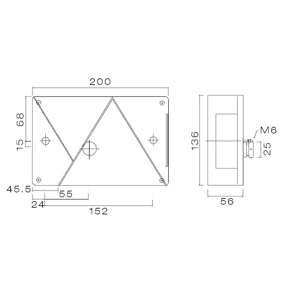 Baklys Tilhenger Høyre Aspöck Multipoint IV, teknisk tegning med mål og skrufester sett fra topp og side.