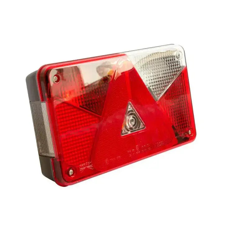 Baklys tilhenger høyre Aspöck Multipoint V, skråvisning med trekantrefleks og synlig lyspære i klar og rød plast.