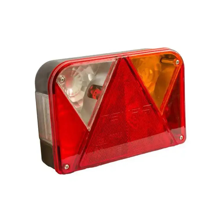 Baklys tilhenger høyre Dobplast DPT 35, skrå frontvisning med røde, oransje og klare felt samt refleks trekant.