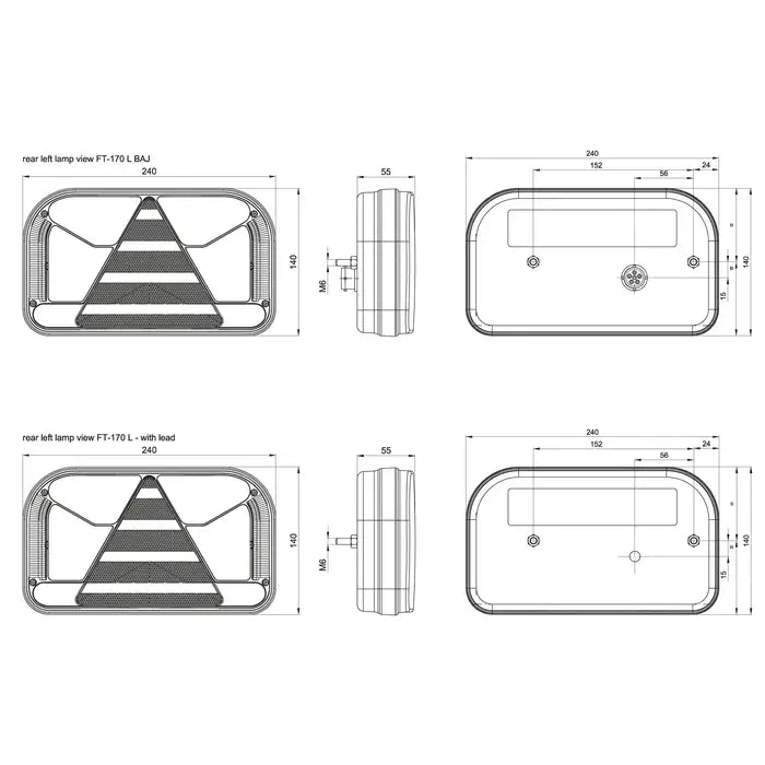 Baklys tilhenger høyre Fristom FT-170, teknisk tegning med mål og ulike vinkler, inkludert ledningsdetaljer.