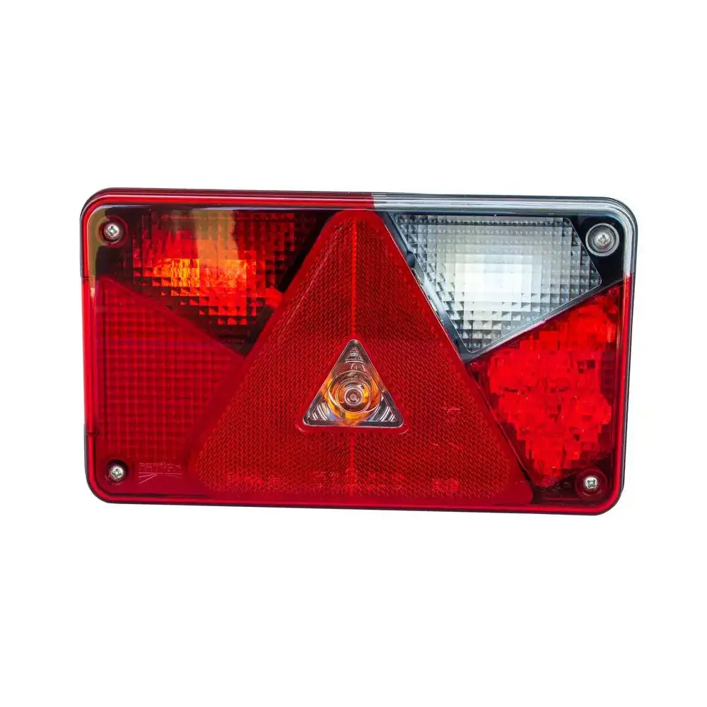 Baklys høyre led til tilhenger, rektangulært med røde, hvite og oransje felt, trekantrefleks og fire skruer.