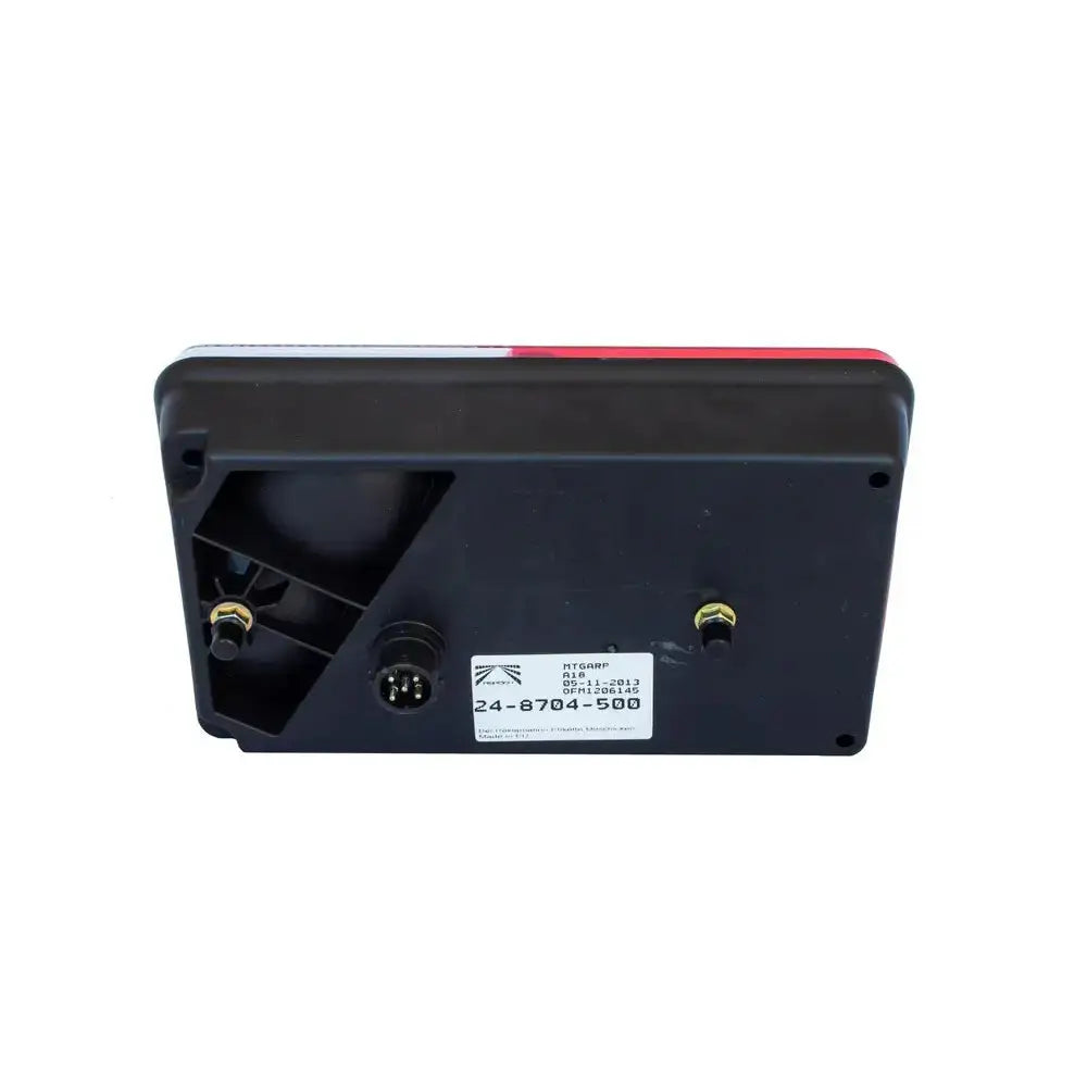 Baklys Høyre LED for tilhenger, bakside med to boltfester, rund kontakt og tydelig hvit etikett.