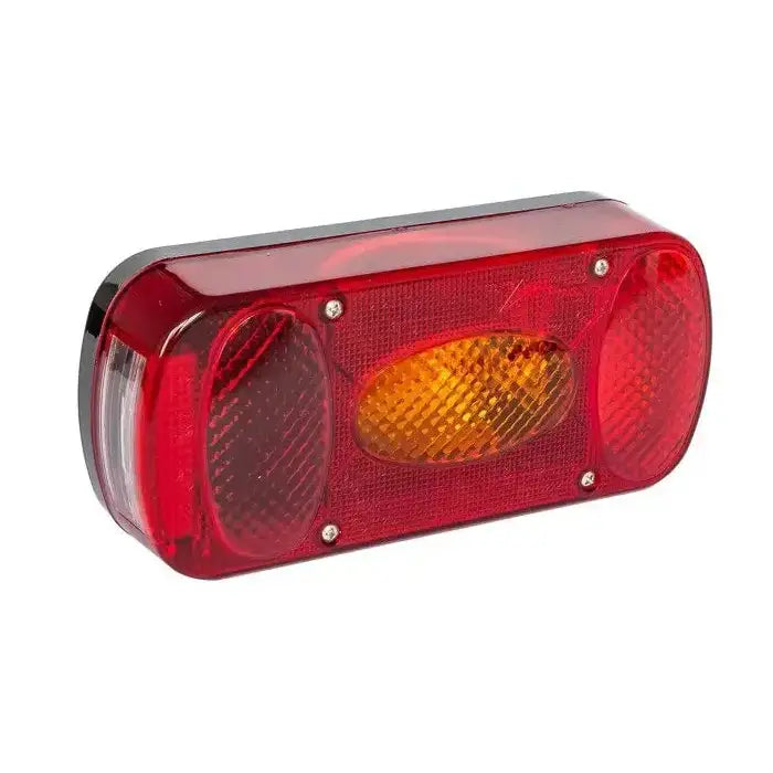 Baklys Aspöck Midipoint II, skrått sidebilde som fremhever rød og oransje linse med prismeformet mønster og fire skruer.