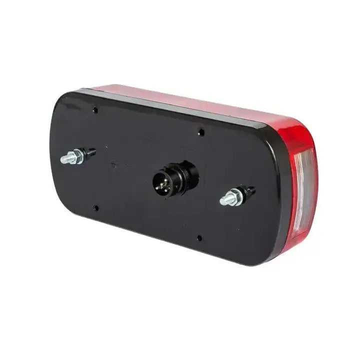 Baklys tilhenger Aspöck Midipoint II, bakfra med festebolter og rund kontakt synlig i midten.