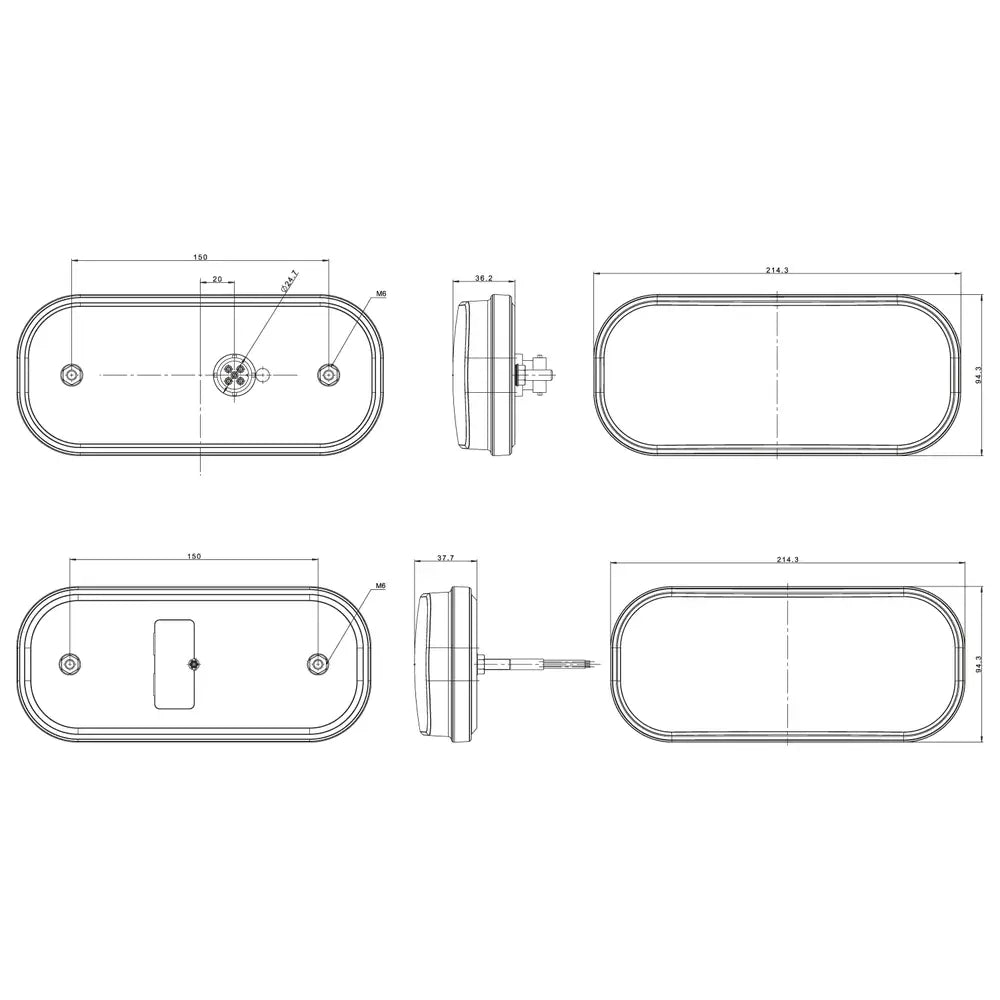 Baklys tilhenger Fristom FT-230, teknisk tegning med mål og dimensjoner fra ulike vinkler.