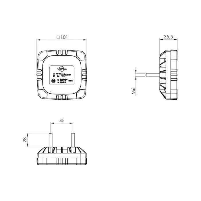 Baklys tilhenger Horpol LZD 2800, teknisk tegning med mål, monteringsdetaljer og gjenger fra flere vinkler.