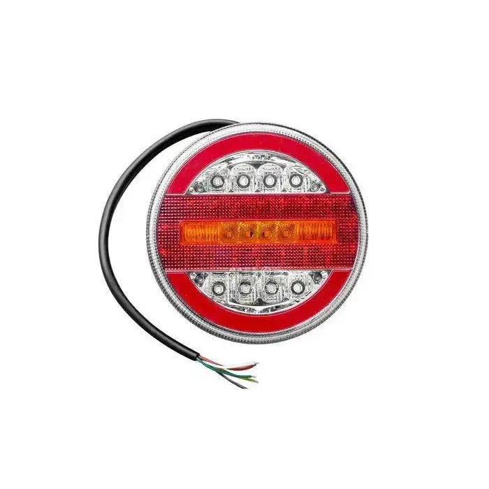 Baklys LED høyre til tilhenger, rund lampe med rød og oransje linse, flere dioder og svart kabel.