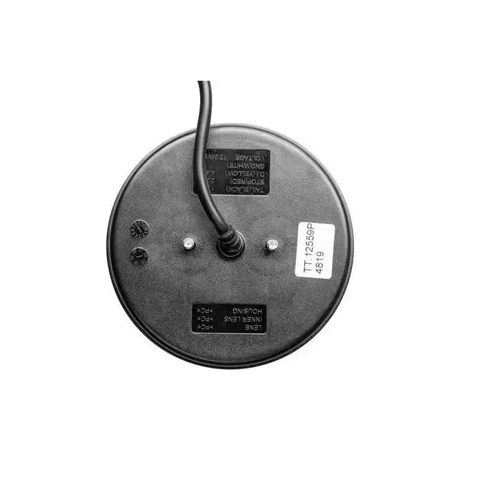 Baklys LED høyre, rund svart base med sentral ledning, synlige skruer og etiketter på oversiden.