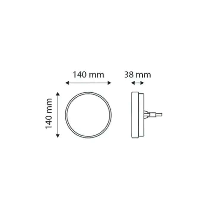 Baklys Led Høyre, teknisk tegning med tydelig diameter- og dybdemål, sett forfra og fra siden.