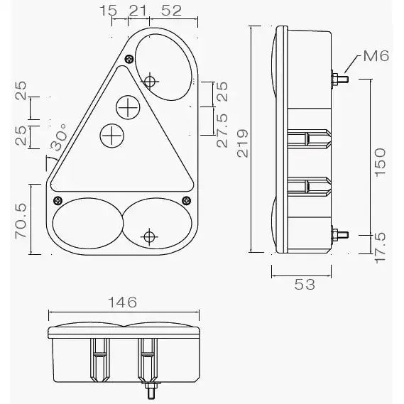 Baklys Venstre Aspöck Earpoint III, teknisk tegning med mål og detaljerte skruehull sett fra flere vinkler.