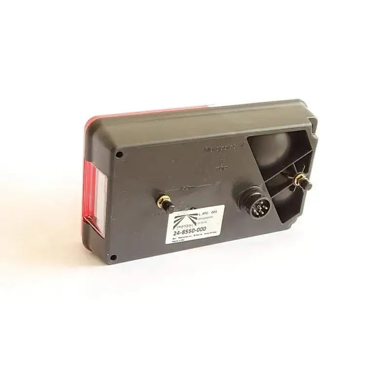 Baklys tilhenger venstre Aspöck Multipoint V, bakside med synlig kontakt, festeskruer og etikett.