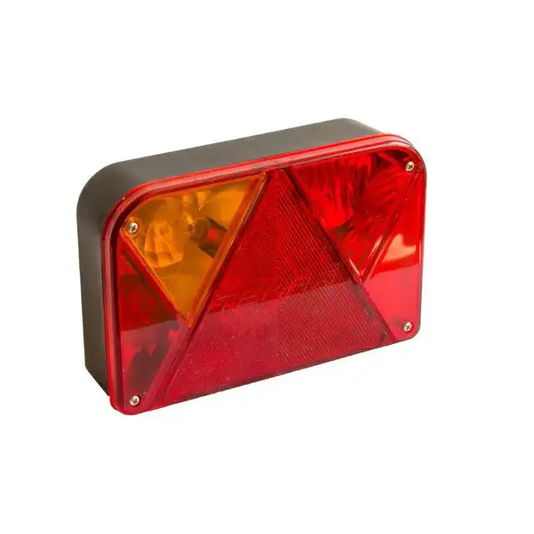 Baklys tilhenger venstre Dobplast DPT 35, skråvisning med rød og oransje linse, refleks-triangel og festeskruer.