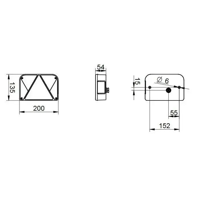 Baklys tilhenger venstre Dobplast DPT 35, teknisk tegning med mål, borehull og flere visningsvinkler.