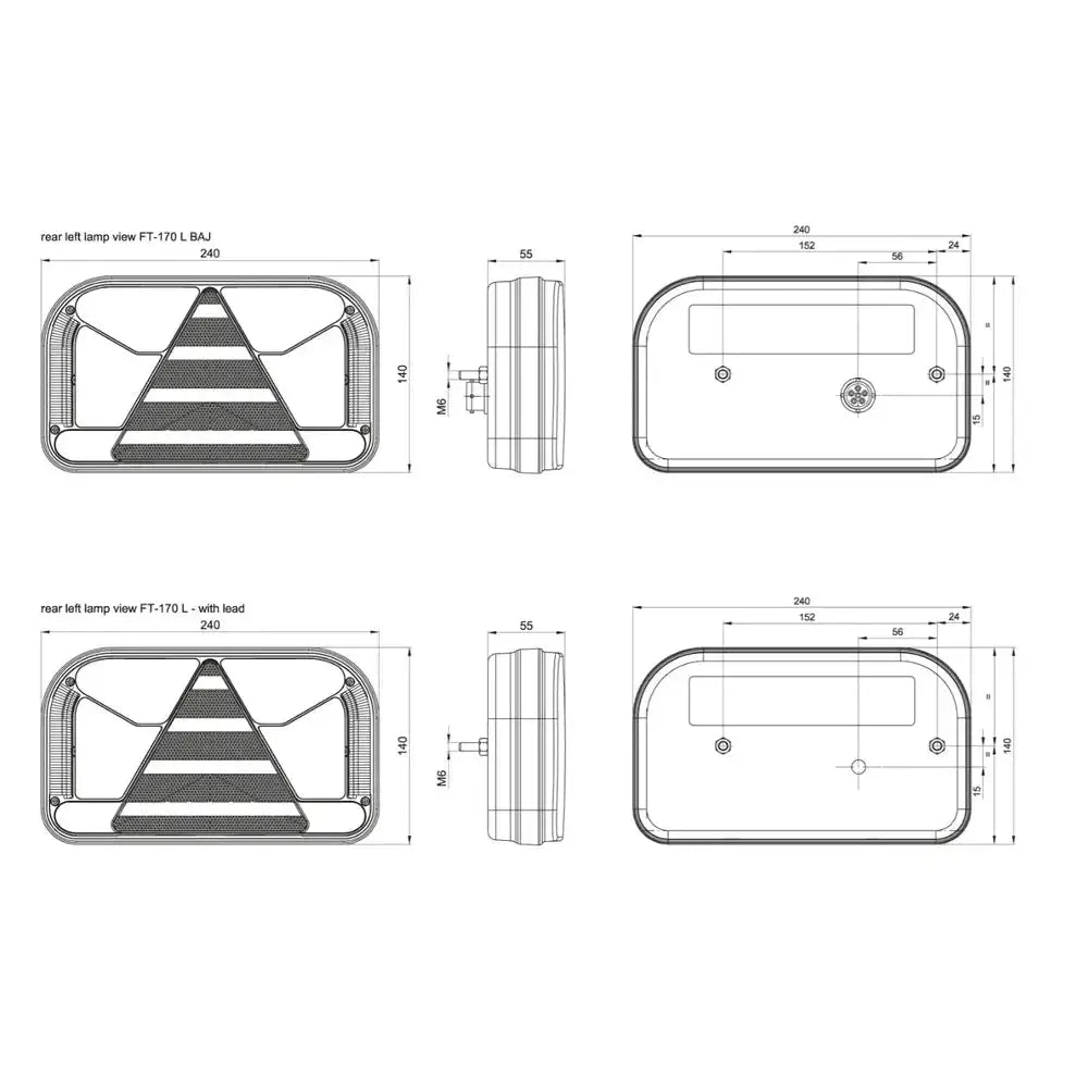 Baklys tilhenger venstre Fristom, teknisk tegning med mål og monteringspunkter fra ulike vinkler.
