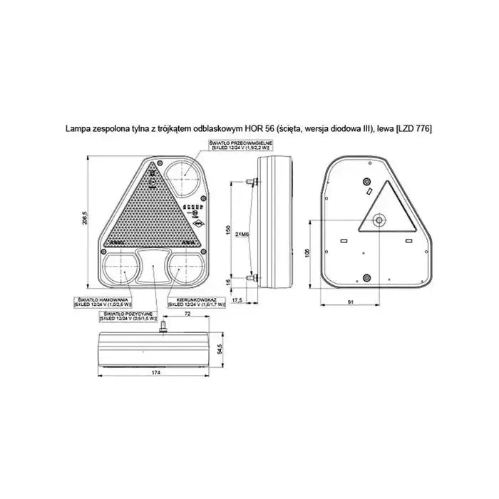 Baklys tilhenger venstre Horpol LZD 776, teknisk tegning med mål, monteringspunkter og trekantet refleks.