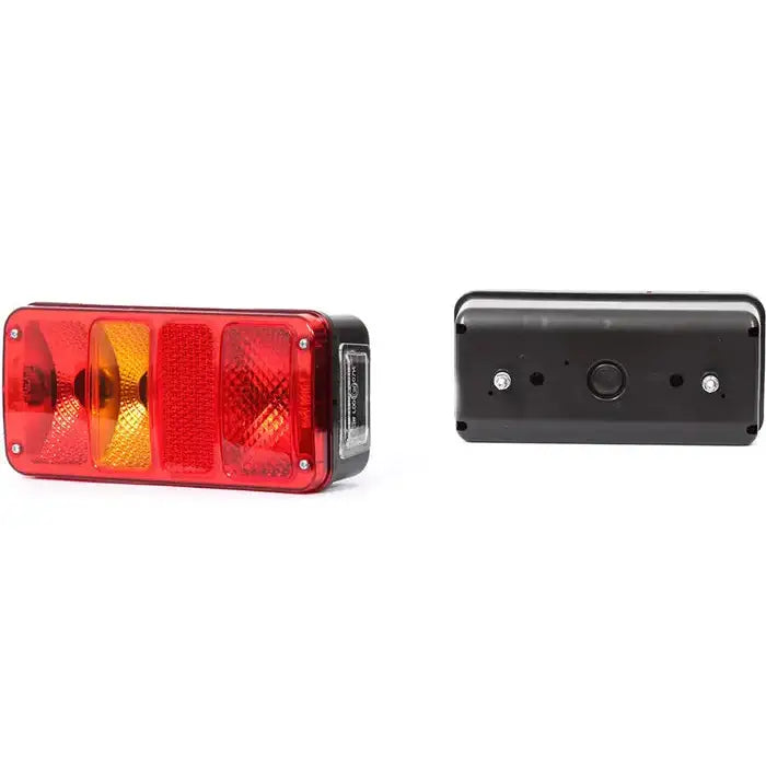 Baklys tilhenger venstre, rektangulær lykt med rød og oransje front, sett fra siden og bak med reflektorseksjoner.
