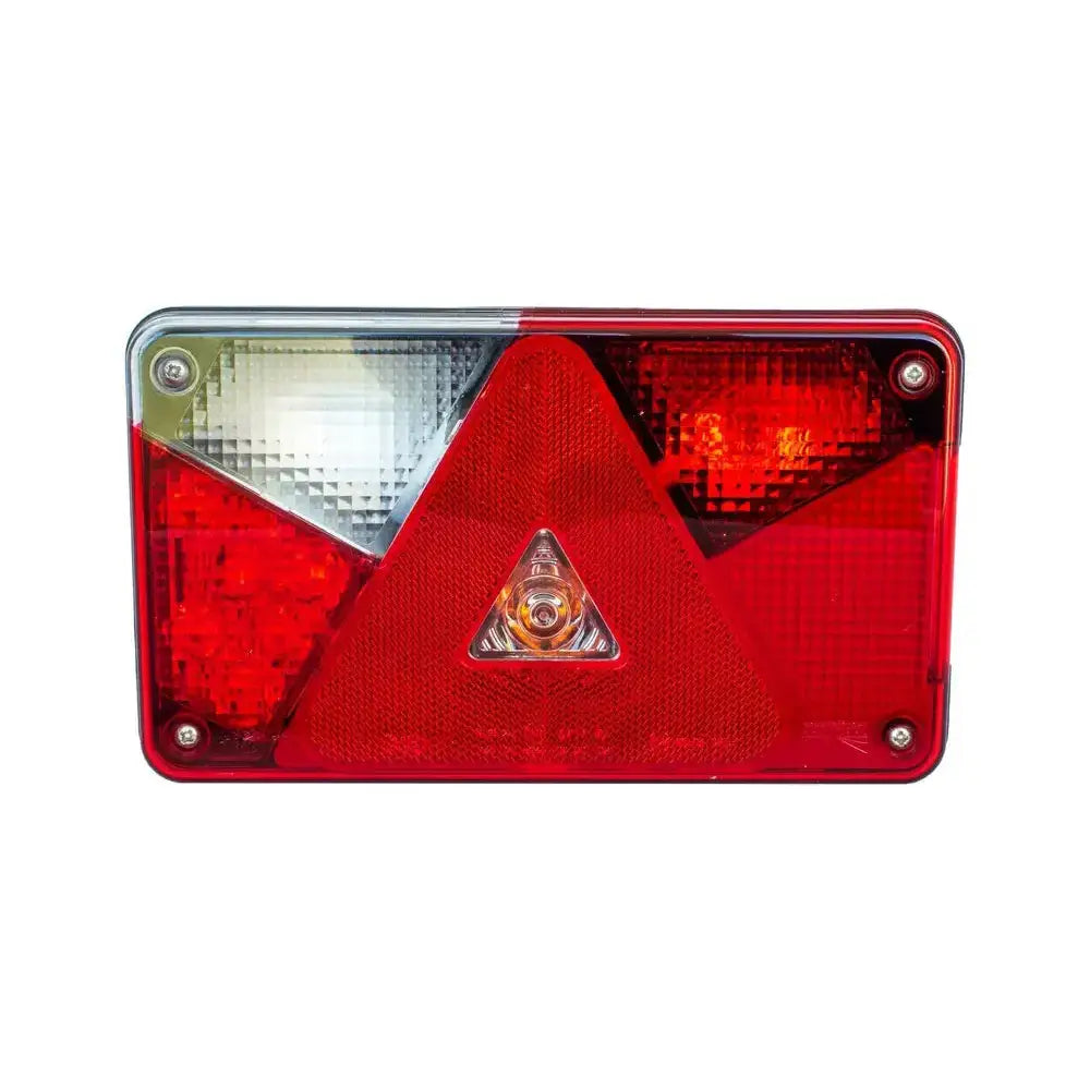 Baklys Venstre led for tilhengere, frontvisning med rød plast, hvit reflektor og trekantet midtrefleks.