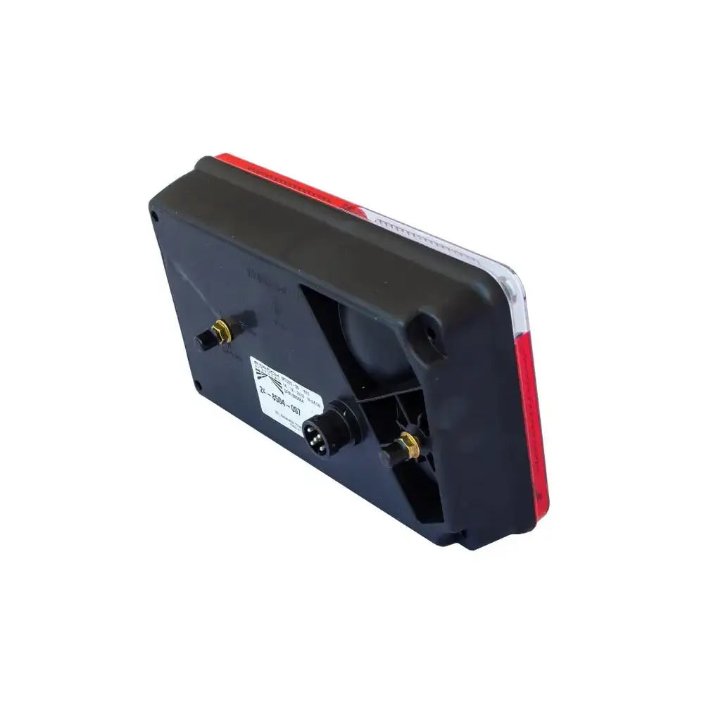 Baklys Venstre led Aspöck Multipoint V, bakfra i vinkel med synlig kontakt, etikett og festeanordninger.