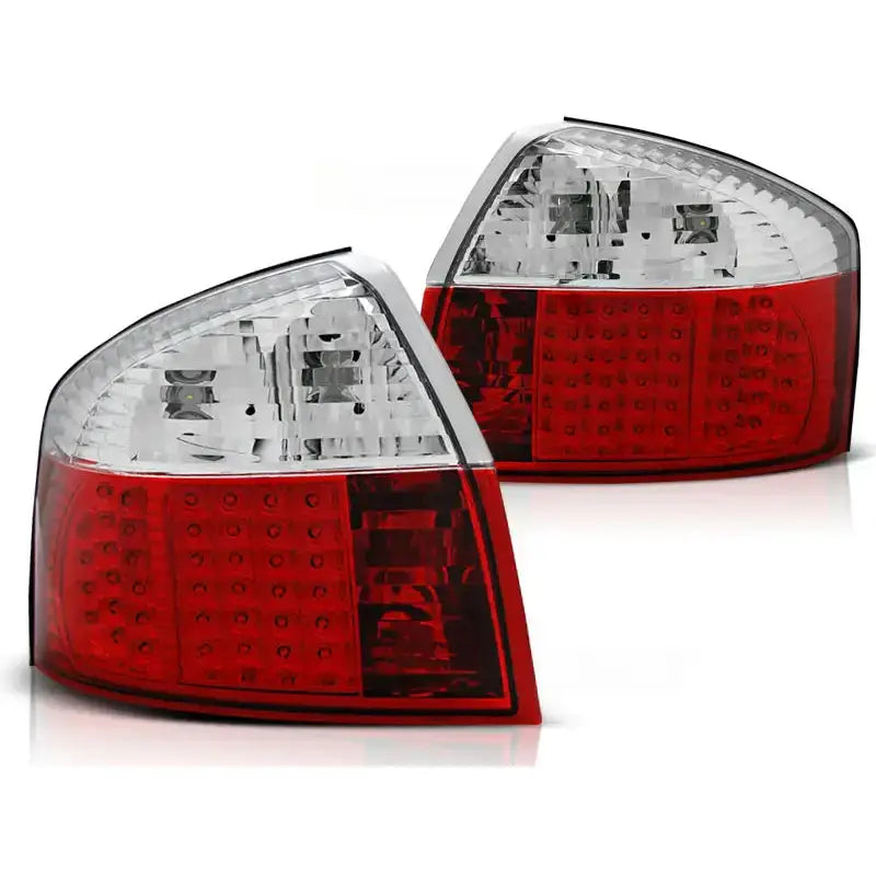 Baklykt Audi A4 10.00-10.04 LED, rødt og hvitt felt, sett fra siden og ovenfra.