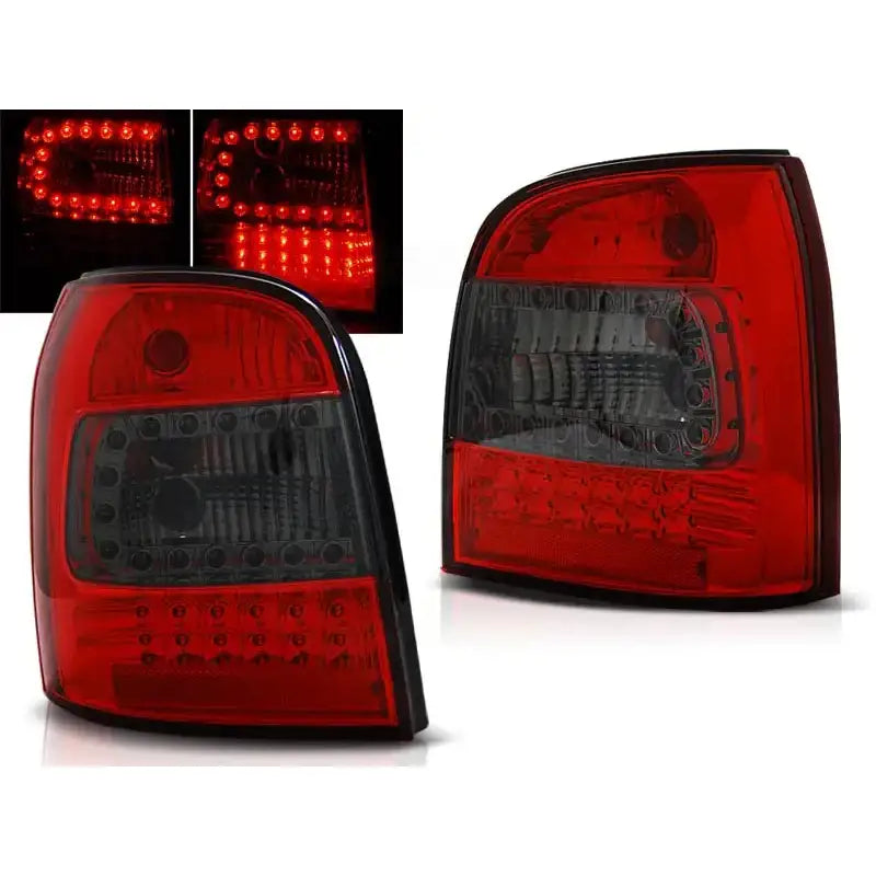 Baklykter Audi A4 94-01 Avant Red Smoke LED sett fra skrå vinkel med tent LED-lys i mørket.
