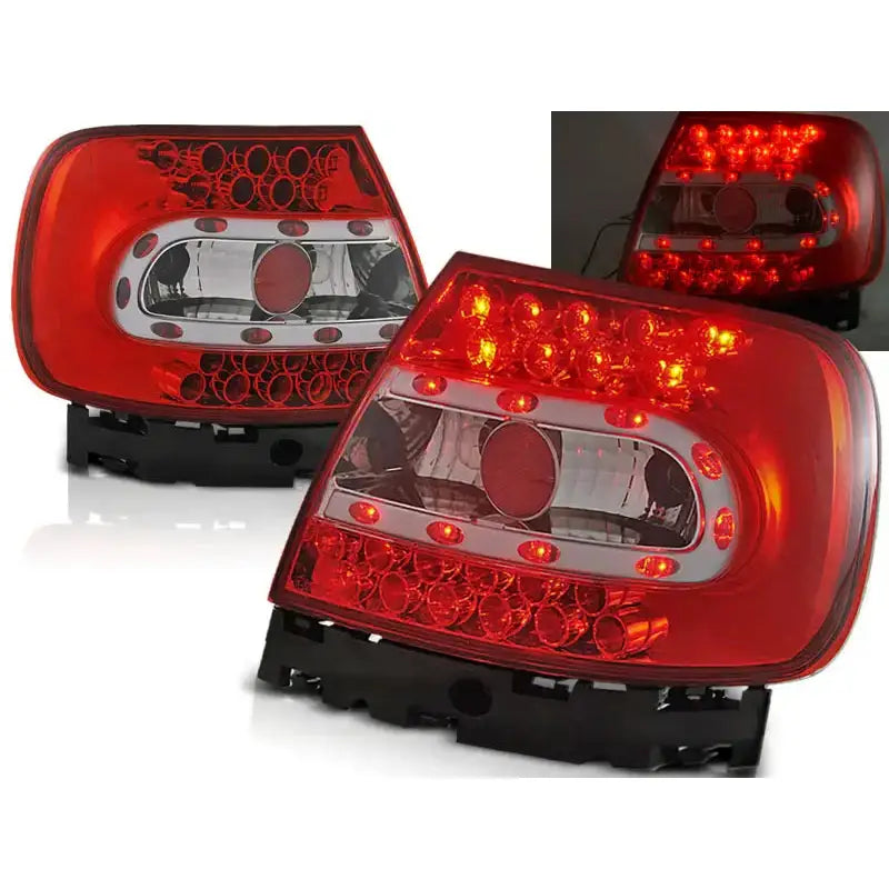 Baklykter Audi A4 B5 Red White LED sett med rød plast, kromdetaljer og synlige LED-lys.