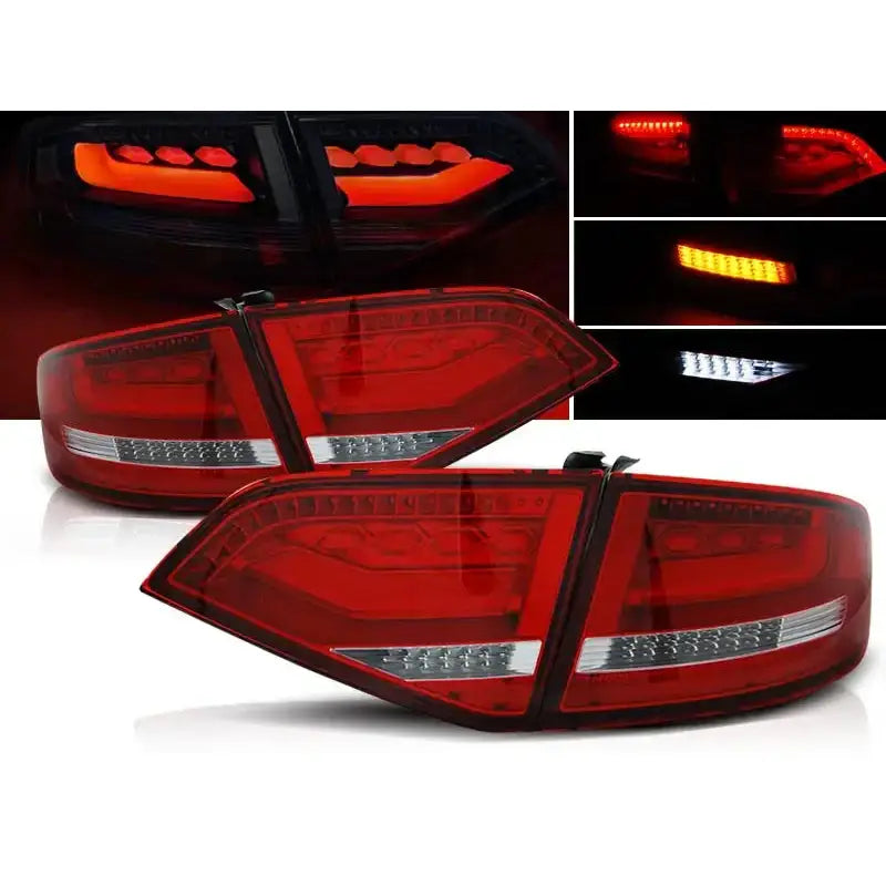 Baklykter Audi A4 B8 08-11 LED sett med opplyste signallys, avbildet fra skrå vinkel.