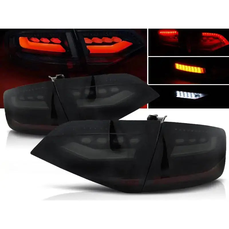 Baklykter Audi A4 B8 08-11 sedan med sotet glass, LED-lys i rødt, oransje og hvitt, skrå vinkel.