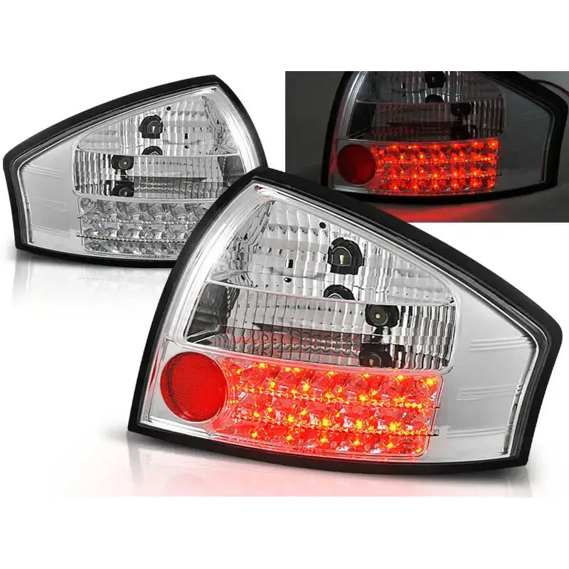 Baklykter Audi A6 05.97-.05.04 Chrome Led med sorte kanter og rødlysende LED-dioder nederst.