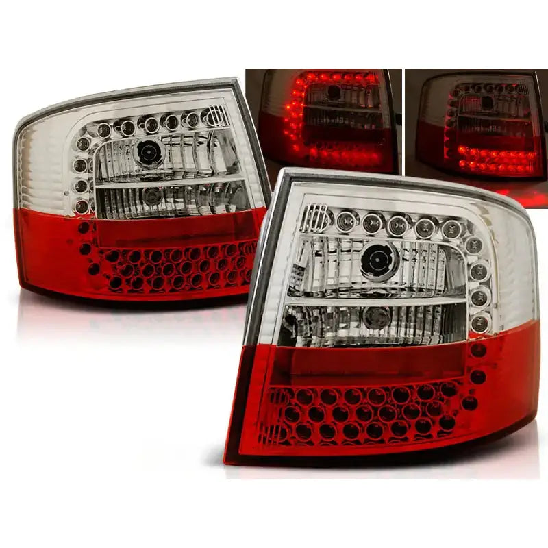 Baklykter Audi A6 05.97-05.04 Red White Led sett fra skrå vinkel med synlige LED-lys.