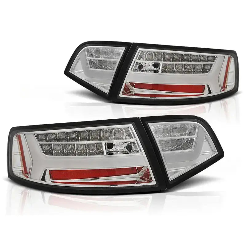 Baklykt Audi A6 08-11 Sedan Chrome Led Bar med sorte rammer og synlige LED-elementer.