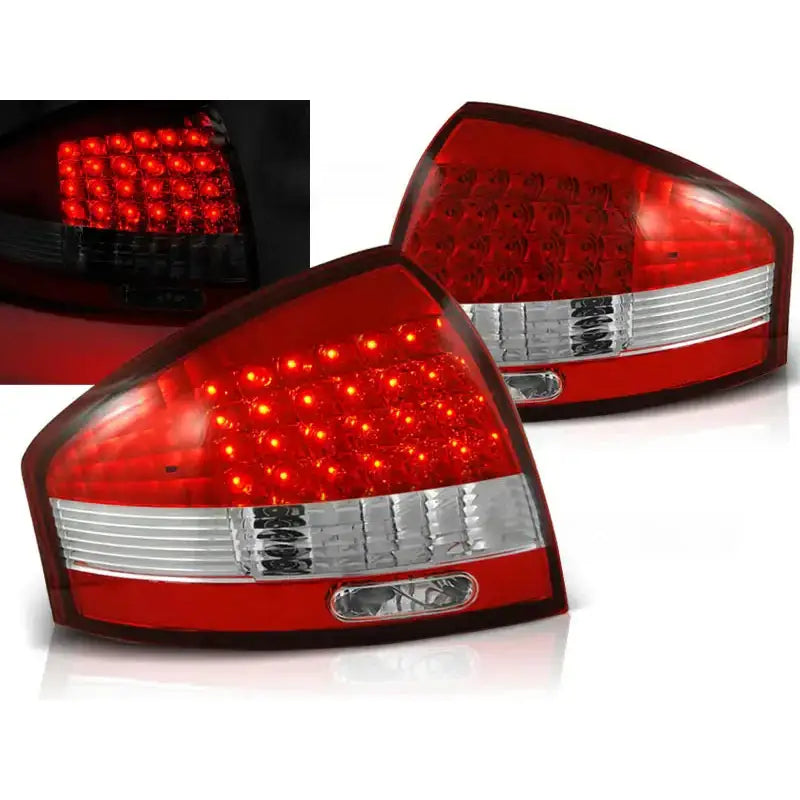 Baklykter Audi A6 97-04 Red White LED med rød og klar linse, skrå vinkel, tydelige lysdioder.