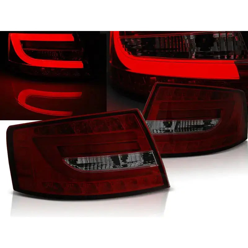 Baklykter Audi A6 C6 Sedan Red Smoke LED 6PIN, tent med klart rød LED-lys, skrå forside.