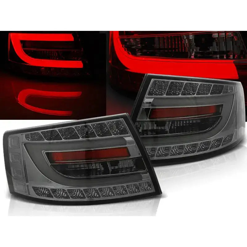 Baklykter Audi A6 C6 Sedan i sotet plast med rød LED-lysdesign, sett fra skrå vinkel.