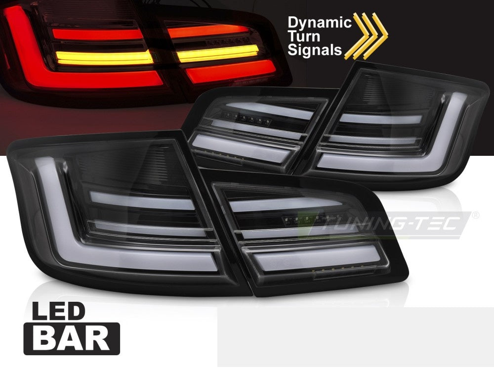 Baklykt BMW F10 LED bar design i blank sort utførelse sett bakfra