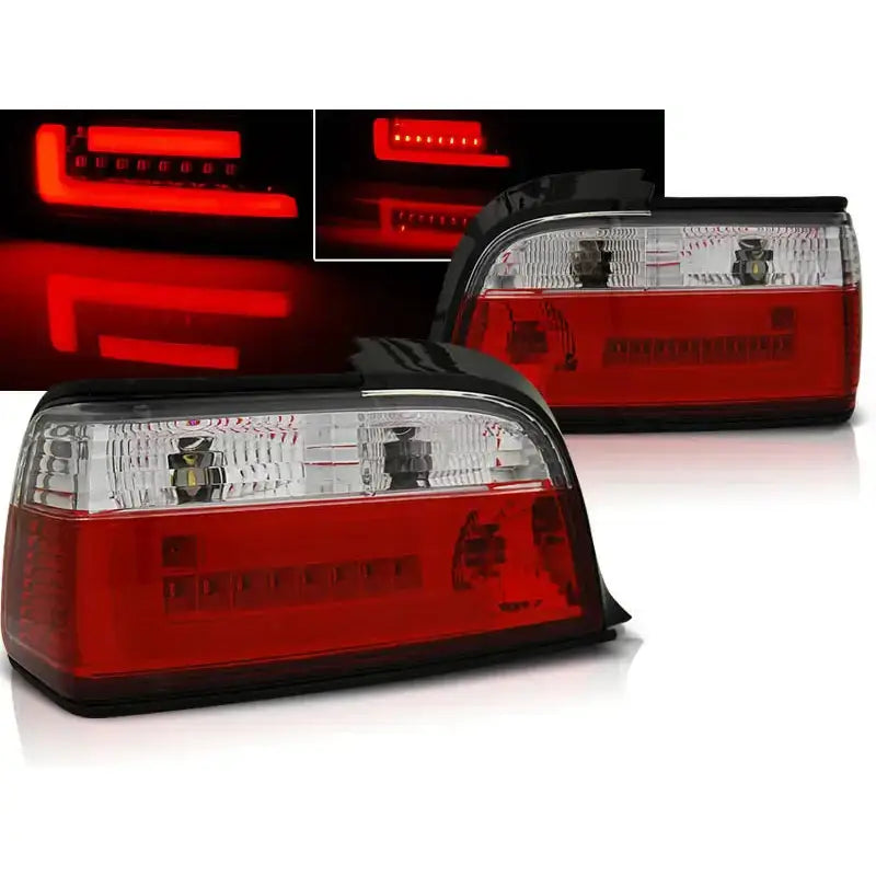 Baklykter Bmw E36 Red White Bar LED sett, skrå vinkel, med L-formet LED-lys detalj.