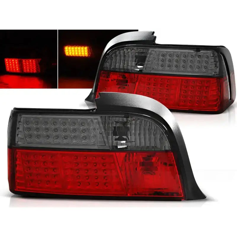 Baklykter Bmw E36 Coupe Red Smoke LED med synlige LED-elementer, ett tent og ett slukket.