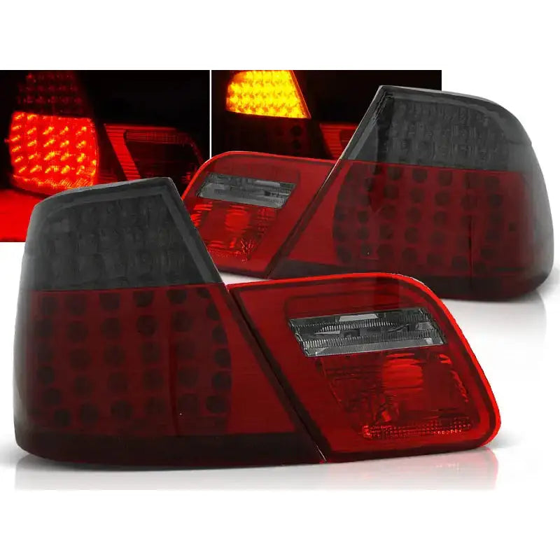 Baklykter Bmw E46 Coupe Red Smoke LED fra Depo, sett skrått med tent detaljbilde øverst.
