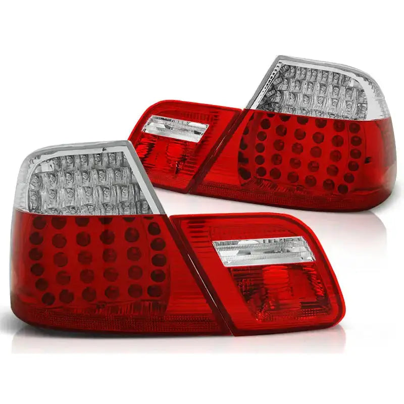 Baklykt Bmw E46 Coupe Red White LED Depo sett med runde LED-elementer fra skrå vinkel.