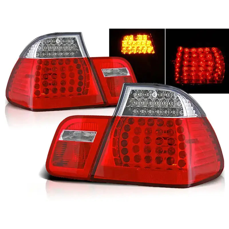 Baklykter Bmw E46 09.01-03.05 sedan med røde og klare LED-lys, sett fra skrå vinkel.