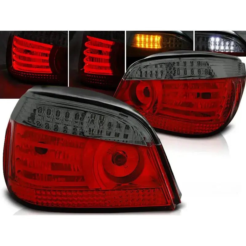 Baklykter Bmw E60 Red Smoke LED/Bulbs, sett skrått med rød og sotet linse, små funksjonsbilder øverst.