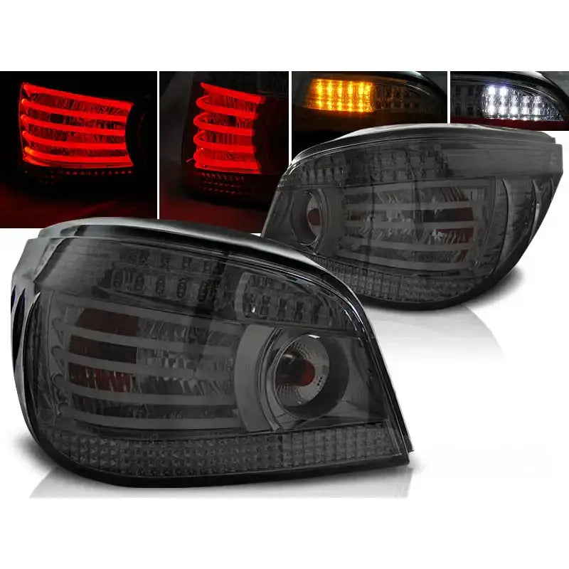 Baklykter Bmw E60 07.03-07 smoke med LED og pærer, vist fra skrå vinkel med lysdetaljer.