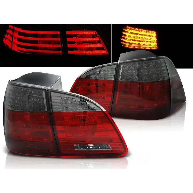 Baklykter Bmw E61 Touring med rødt og klart glass, LED-striper lyser rødt og oransje i mørket.