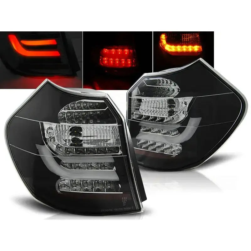 Baklykter Bmw E87/E81 04-08.07 Black Led Bar i klart og sotet plast med røde og oransje LED-lys.